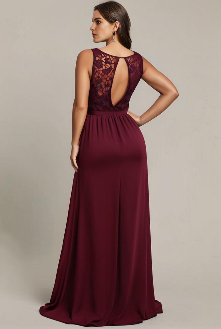 elegant chiffon maxi evening dress with lace cap sleeve 112045