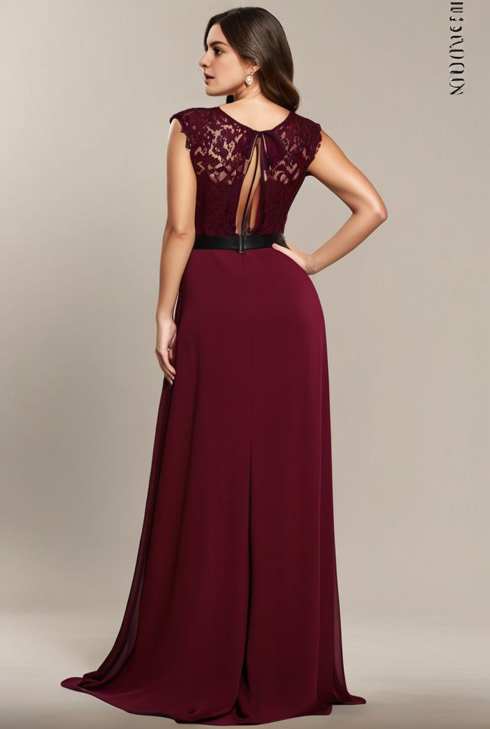 elegant chiffon maxi evening dress with lace cap sleeve 112047