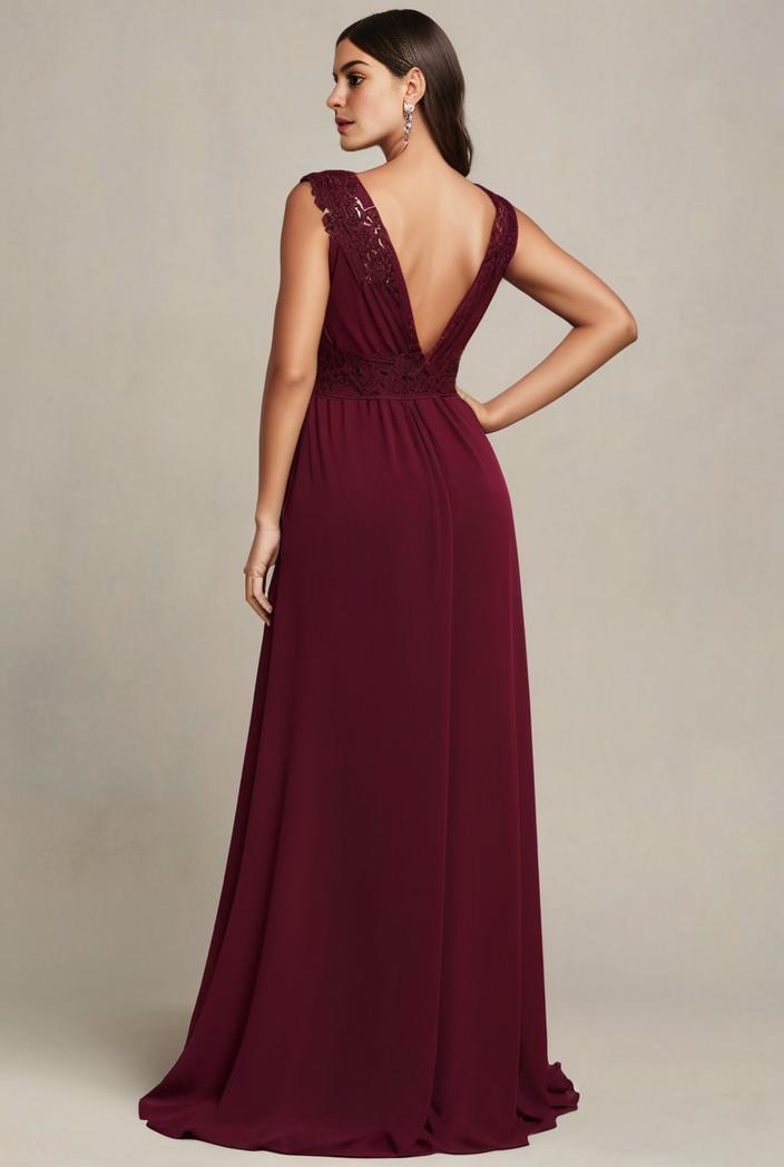elegant chiffon maxi evening dress with lace cap sleeve 112048