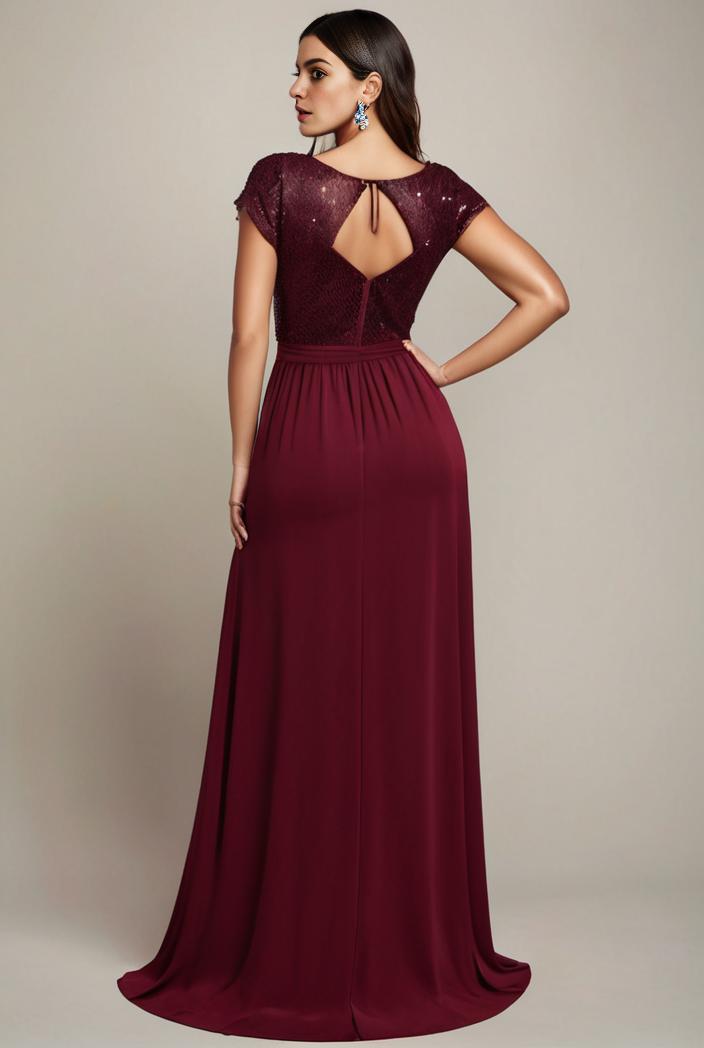 elegant chiffon maxi evening dress with lace cap sleeve 112046