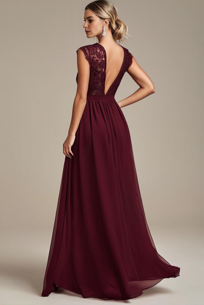 elegant chiffon maxi evening dress with lace cap sleeve 112049