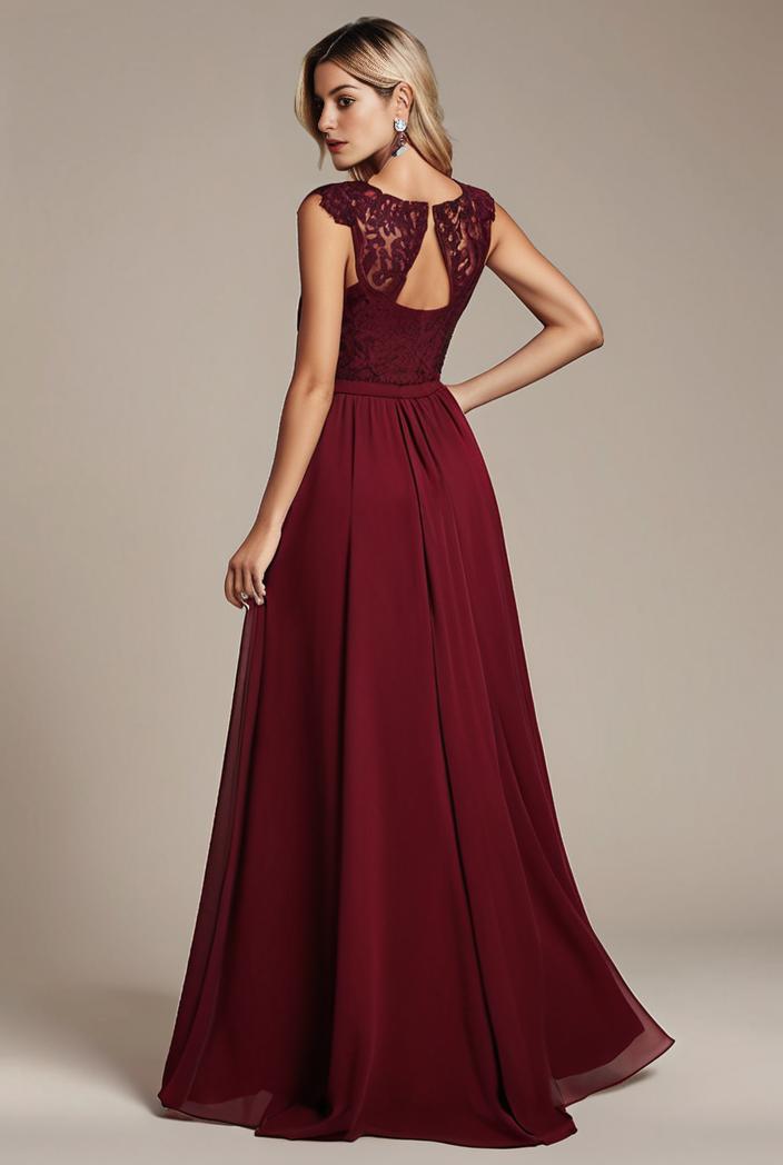 elegant chiffon maxi evening dress with lace cap sleeve 112052