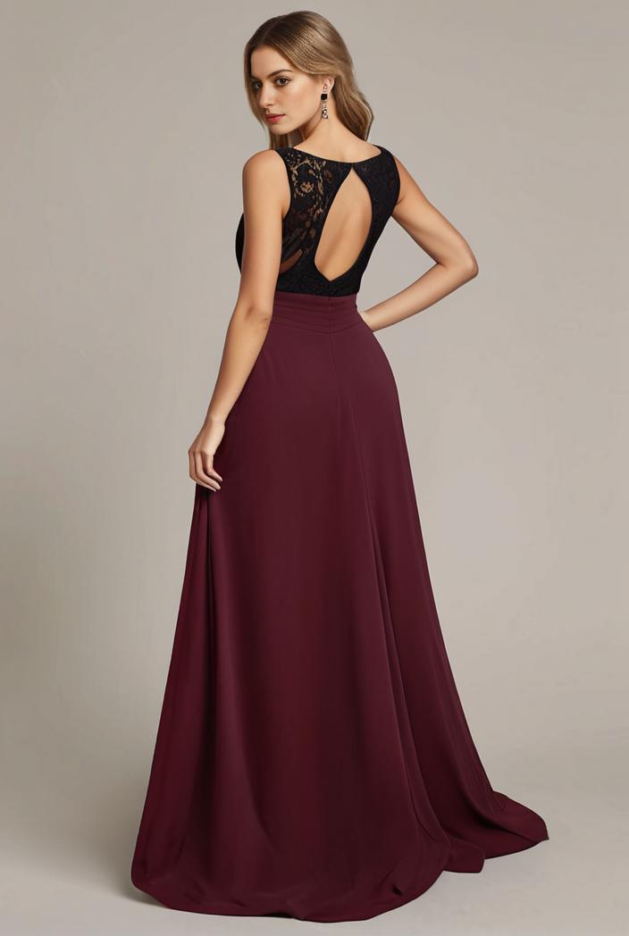 elegant chiffon maxi evening dress with lace cap sleeve 112055