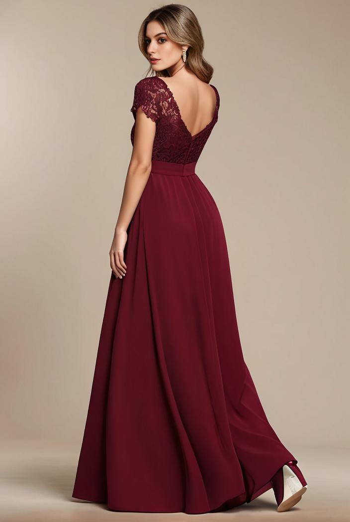 elegant chiffon maxi evening dress with lace cap sleeve 112056