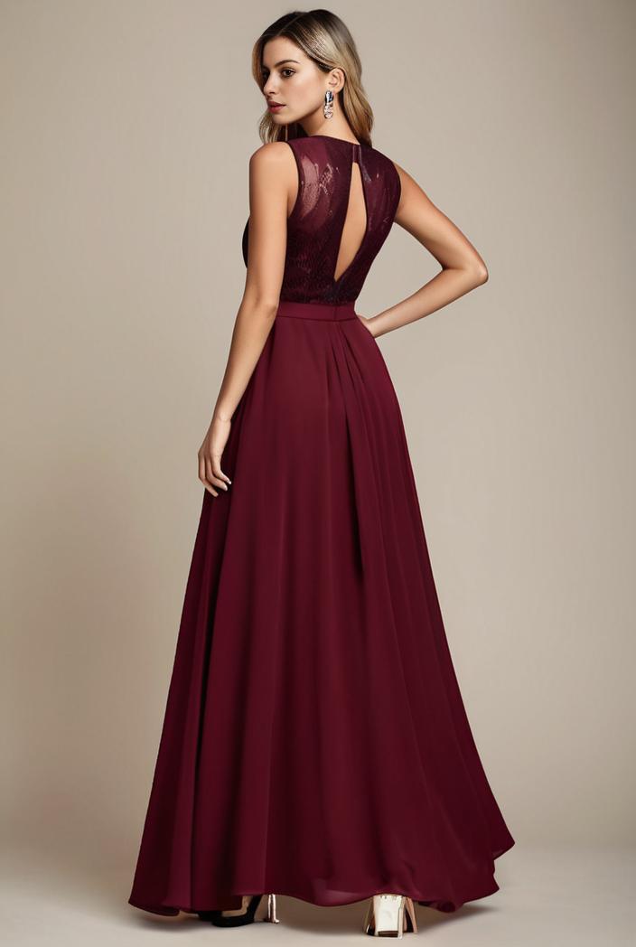 elegant chiffon maxi evening dress with lace cap sleeve 112053