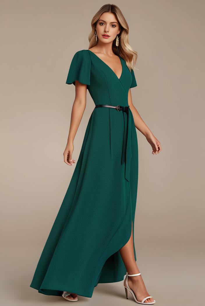 glitter high low front side slit ruffled v neck evening dress 114872