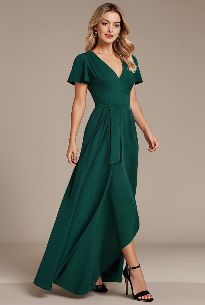 glitter high low front side slit ruffled v neck evening dress 114873