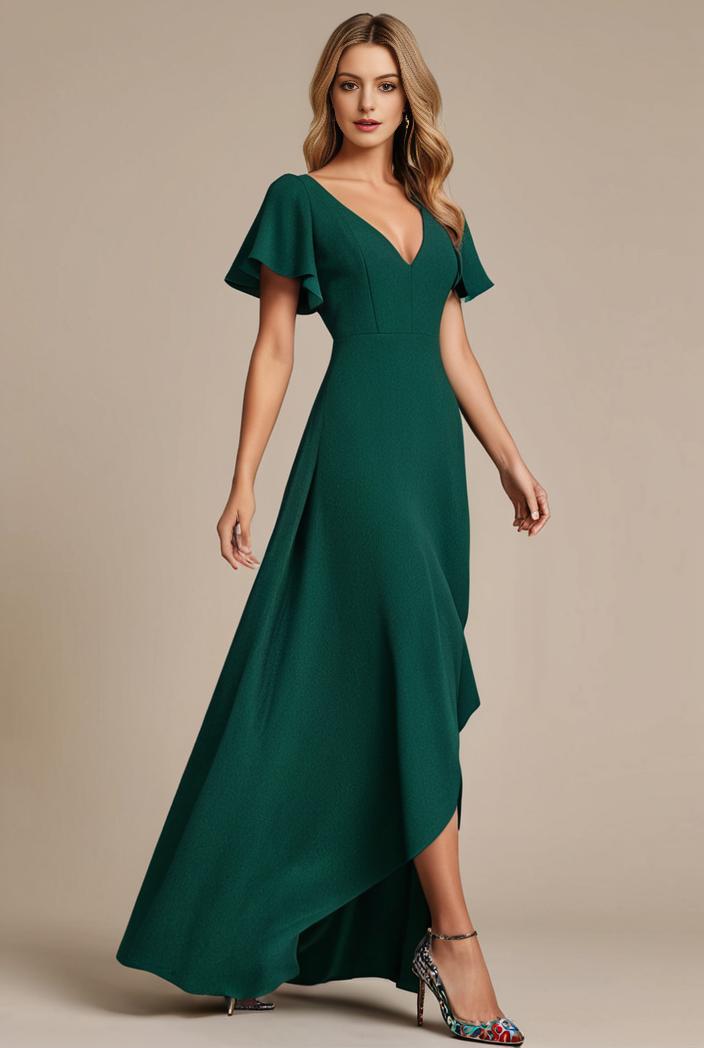 glitter high low front side slit ruffled v neck evening dress 114876