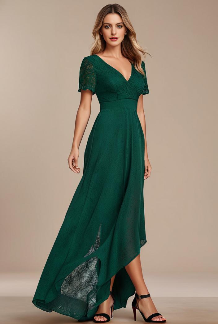 glitter high low front side slit ruffled v neck evening dress 114877