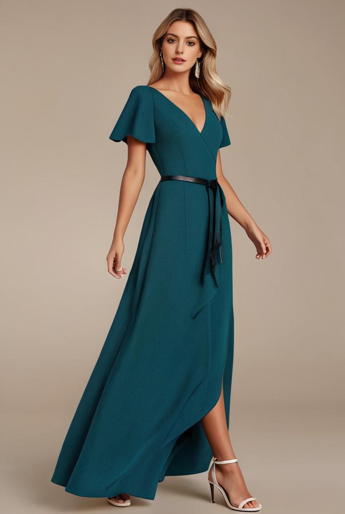 glitter high low front side slit ruffled v neck evening dress 114889