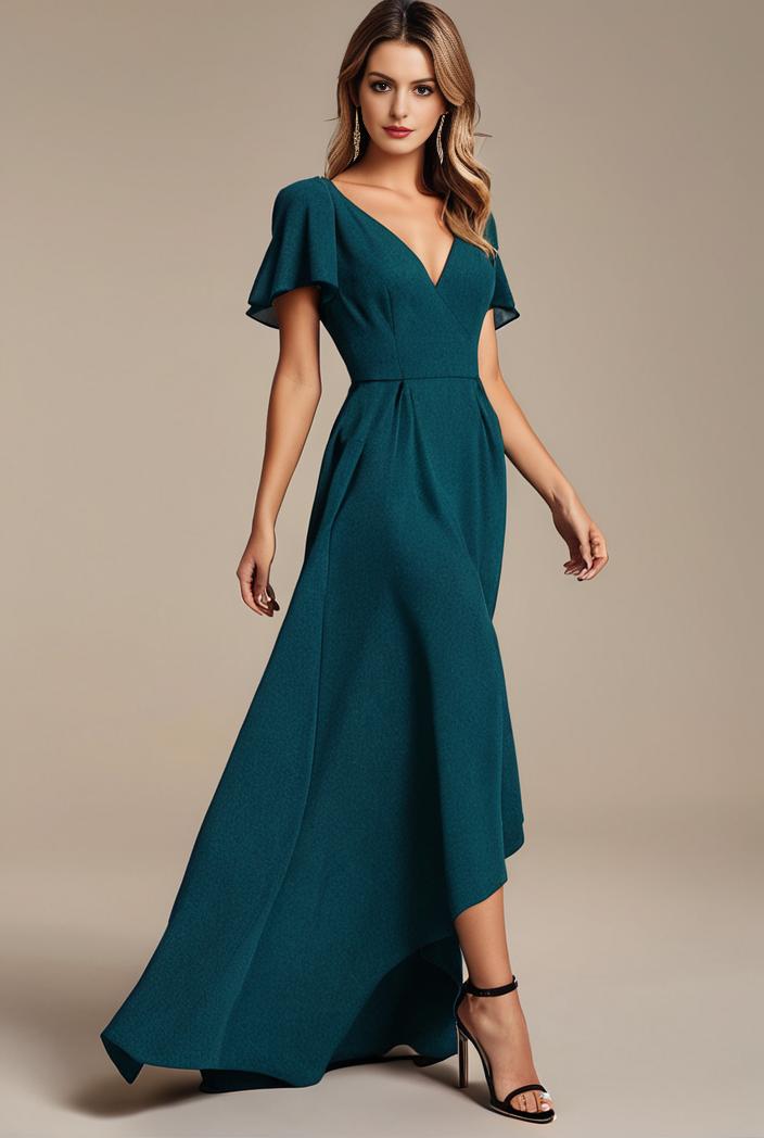 glitter high low front side slit ruffled v neck evening dress 114890