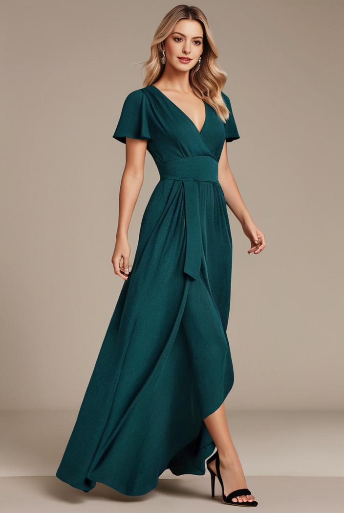 glitter high low front side slit ruffled v neck evening dress 114887