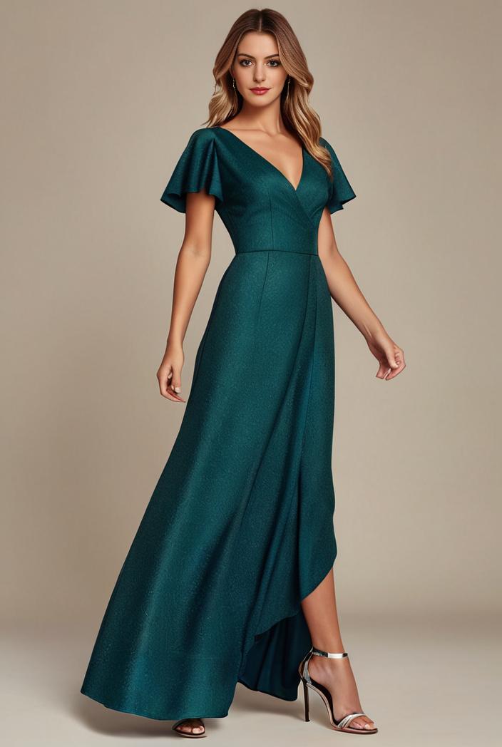 glitter high low front side slit ruffled v neck evening dress 114891