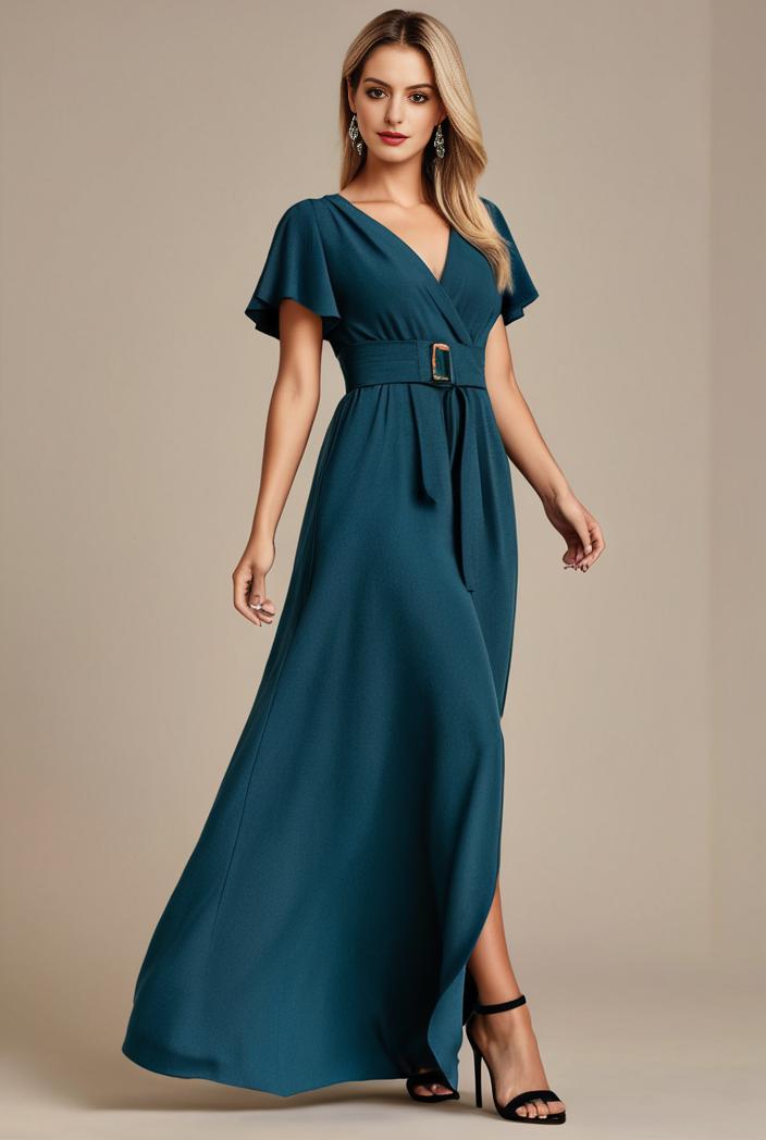 glitter high low front side slit ruffled v neck evening dress 114893