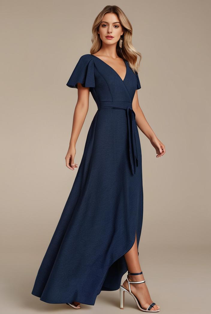 glitter high low front side slit ruffled v neck evening dress 114896