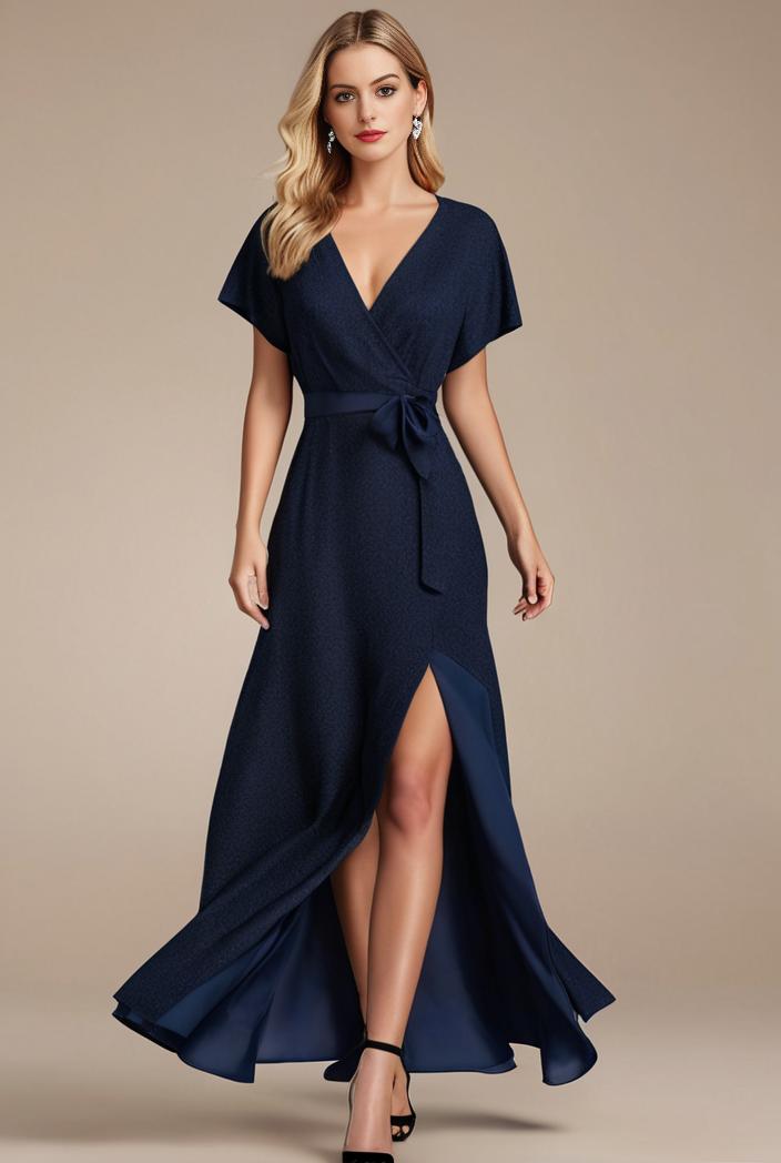 glitter high low front side slit ruffled v neck evening dress 114903
