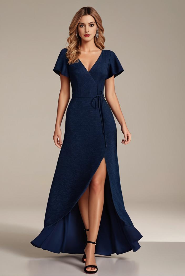 glitter high low front side slit ruffled v neck evening dress 114904