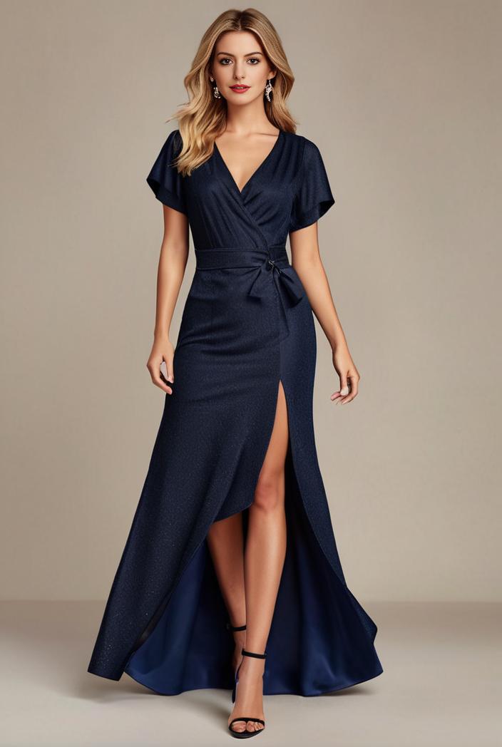 glitter high low front side slit ruffled v neck evening dress 114907