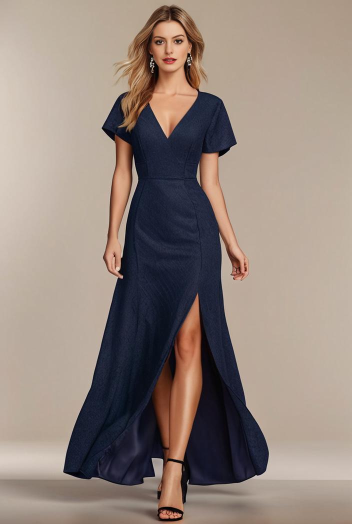 glitter high low front side slit ruffled v neck evening dress 114909