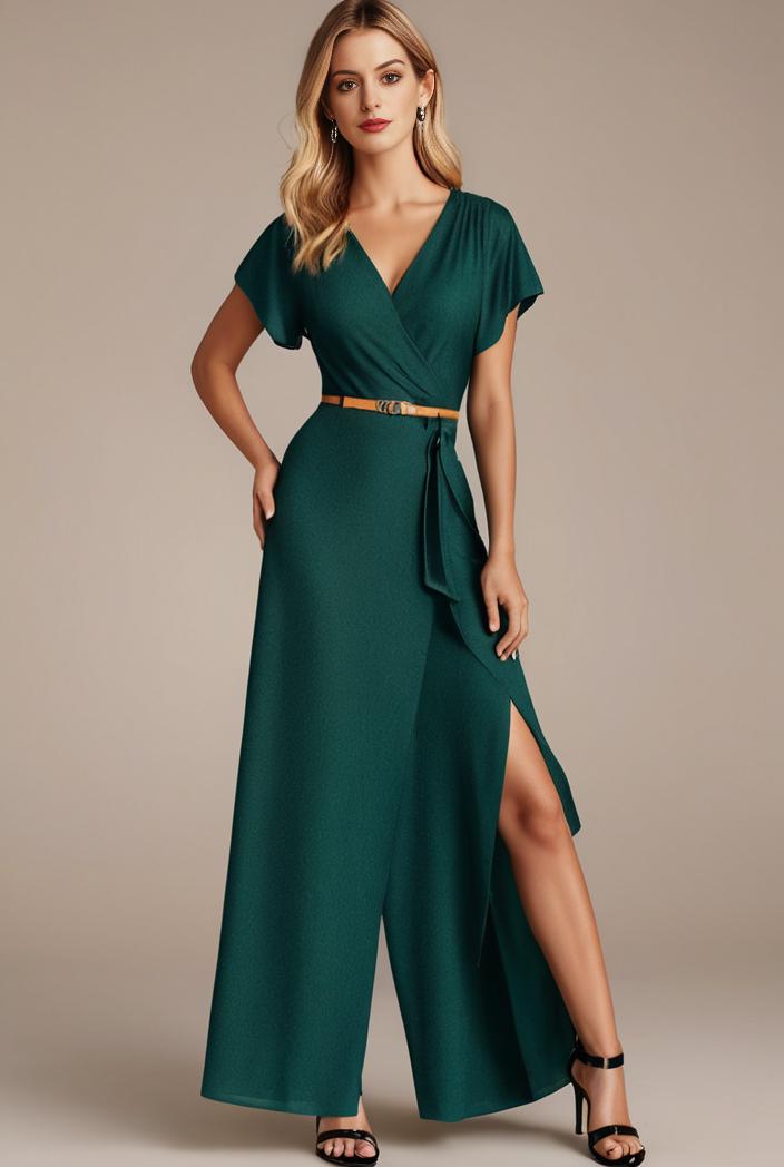 glitter high low front side slit ruffled v neck evening dress 114922