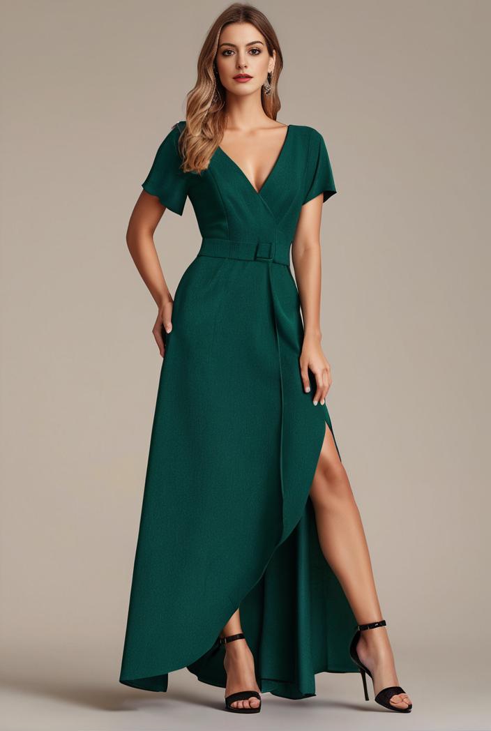 glitter high low front side slit ruffled v neck evening dress 114920