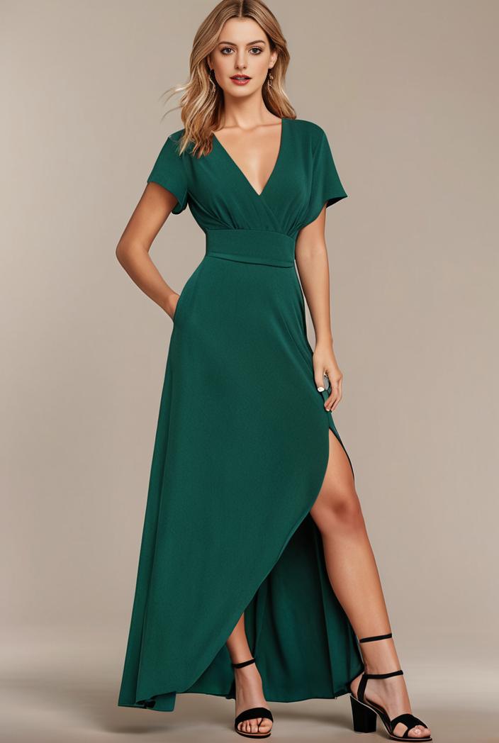 glitter high low front side slit ruffled v neck evening dress 114925