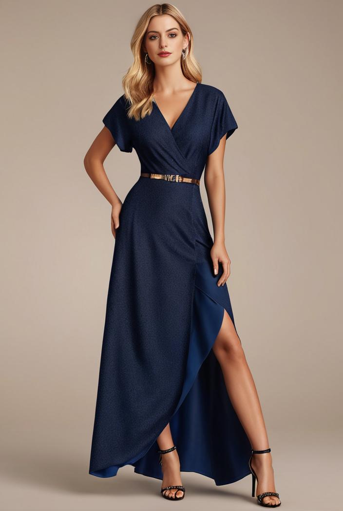 glitter high low front side slit ruffled v neck evening dress 114928