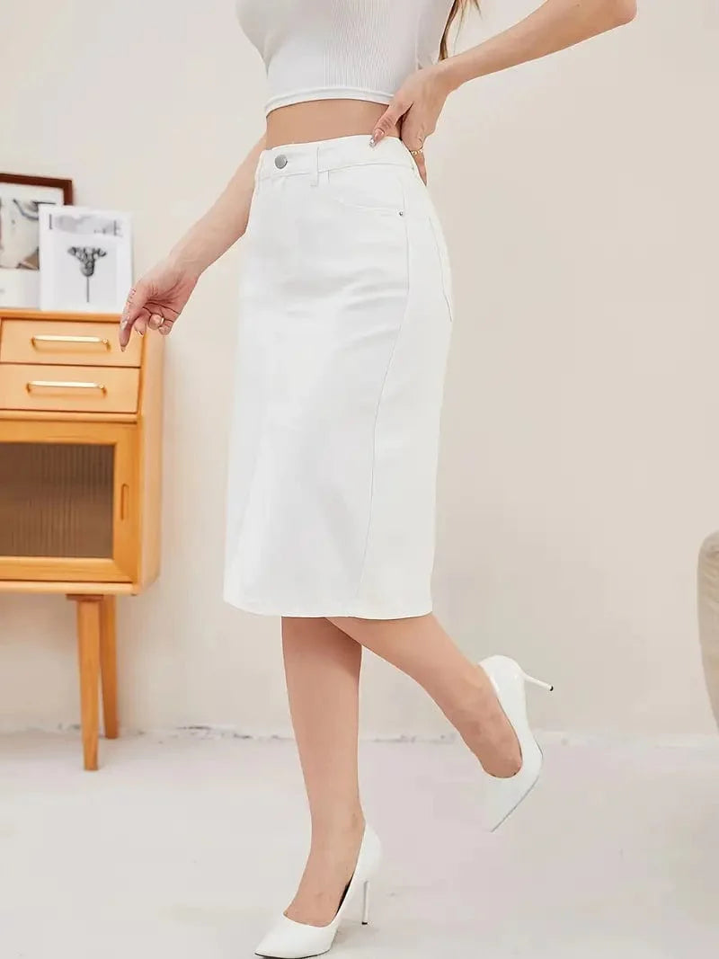 White Slant Pockets Split Denim Midi Skirt for Women