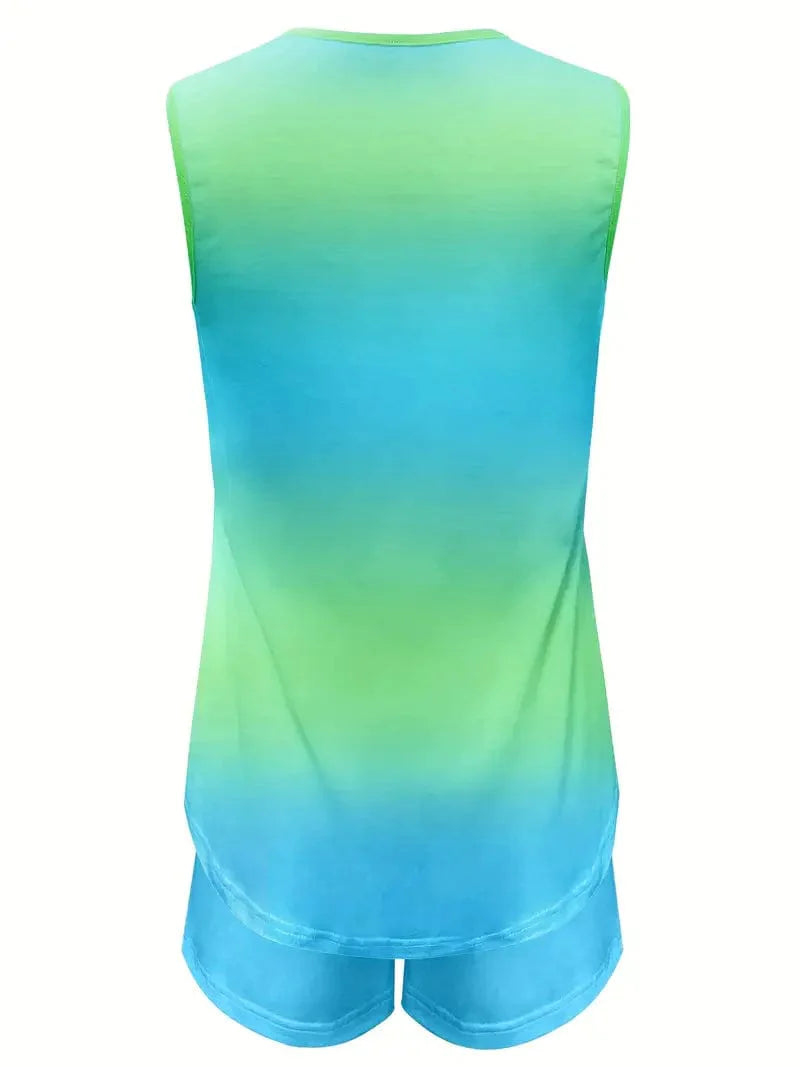 V Neck Sleeveless Top & Shorts Set for Women - Gradient Casual Outfit