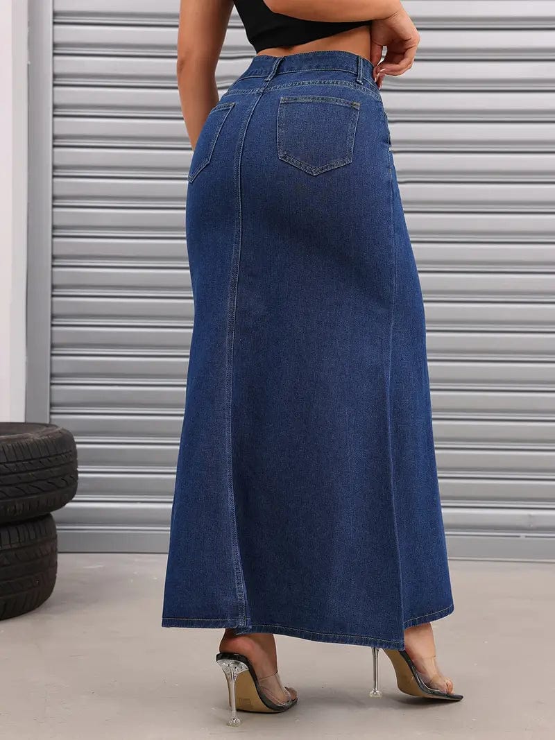 Versatile Women's Denim Maxi Skirt with Slant Pockets