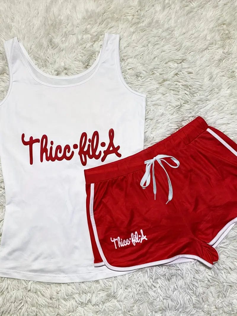 Sporty Letter Print Two-Piece Set with Sleeveless Tank Top and Drawstring Shorts - Women's Casual Outfit