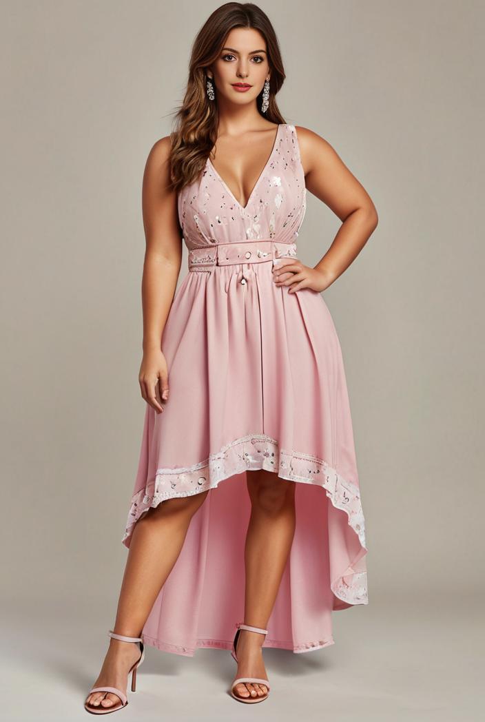 plus size sequin high low deep v neck tulle evening dresses 120043