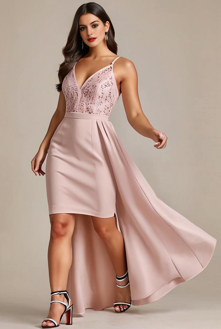 plus size sequin high low deep v neck tulle evening dresses 120060