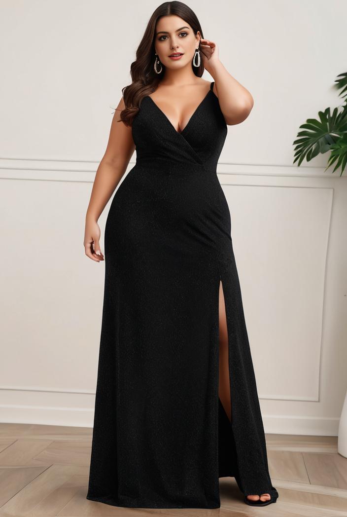 plus size shiny v neck side slit formal evening dress 120135