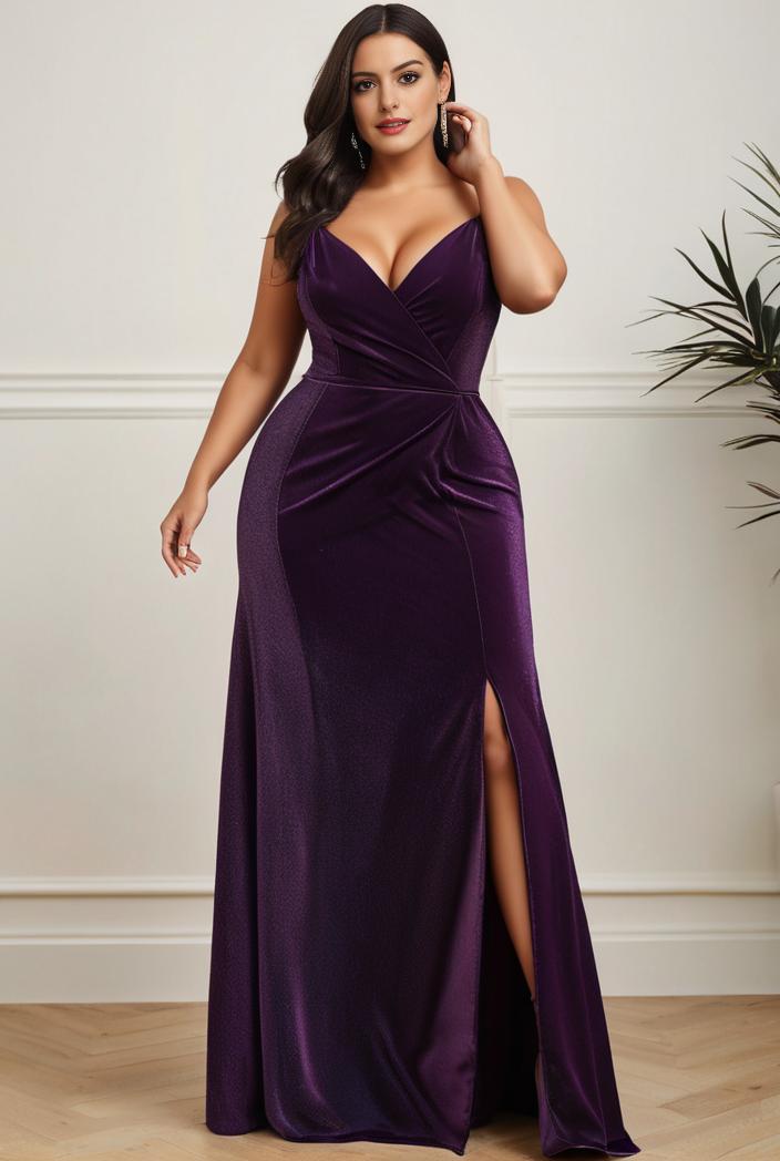 plus size shiny v neck side slit formal evening dress 120123