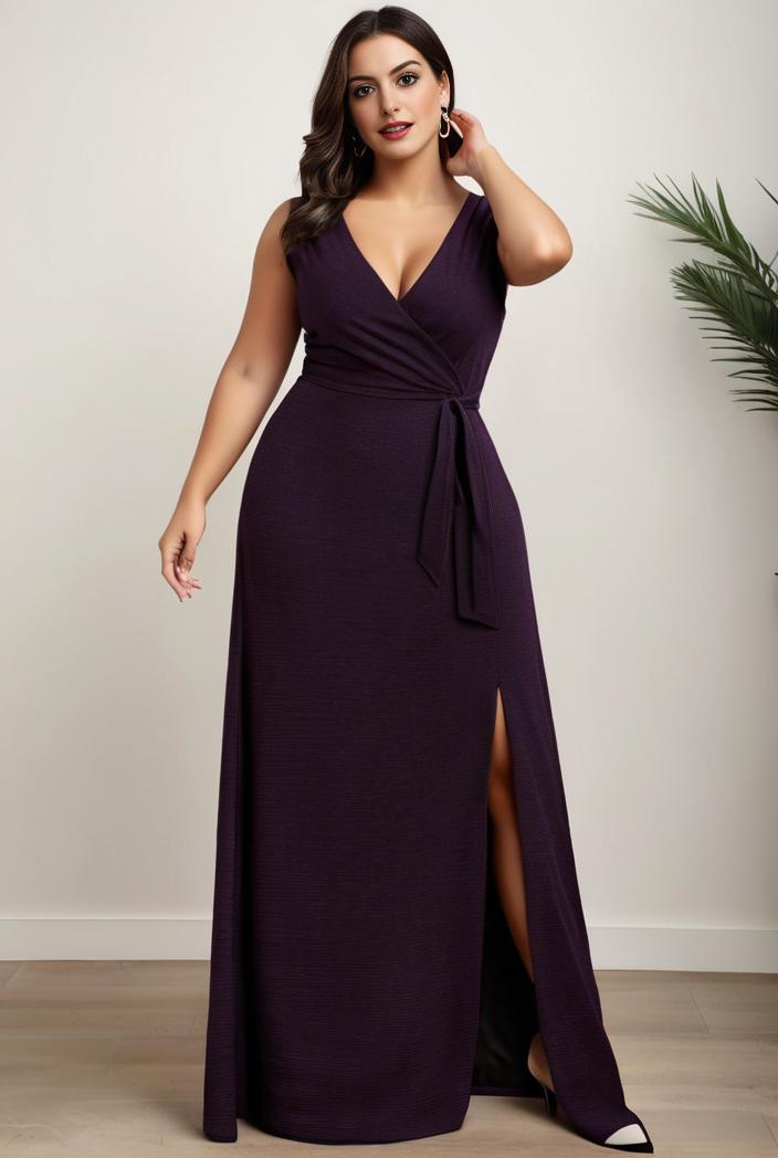 plus size shiny v neck side slit formal evening dress 120124