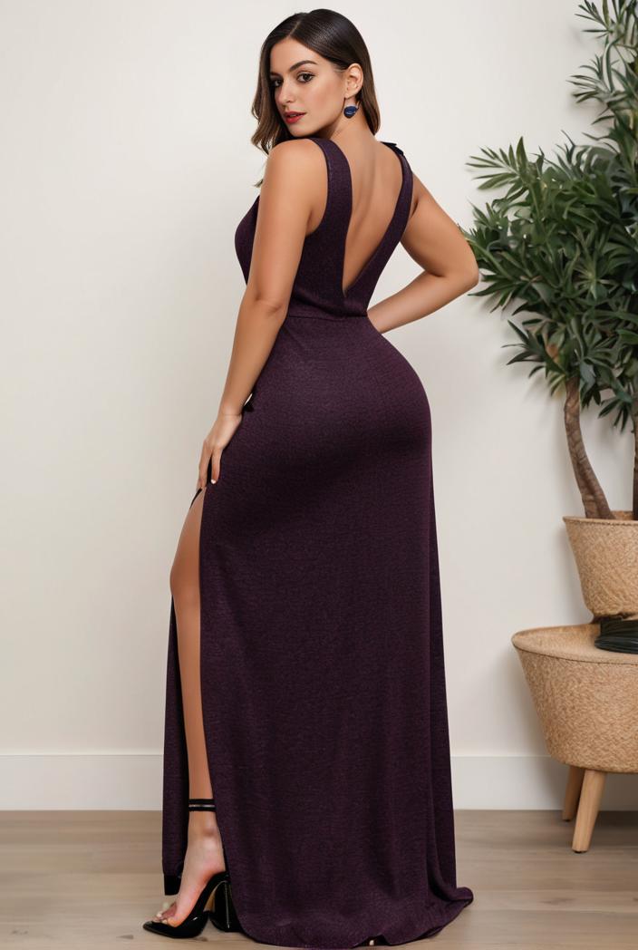 plus size shiny v neck side slit formal evening dress 120151