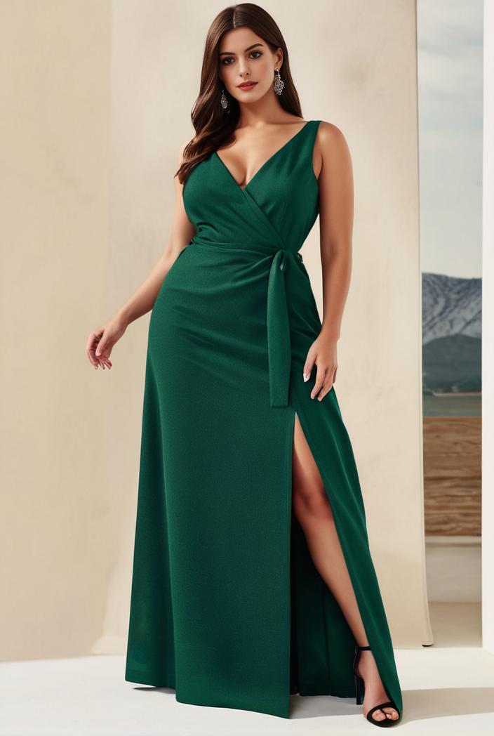 plus size shiny v neck side slit formal evening dress 120178