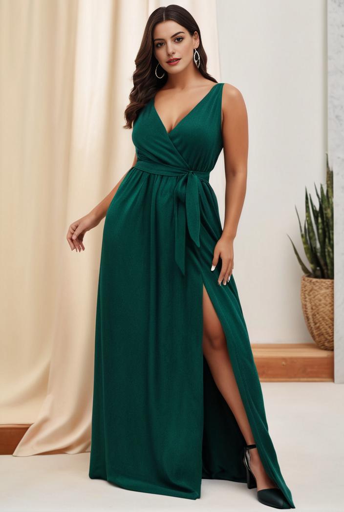 plus size shiny v neck side slit formal evening dress 120181