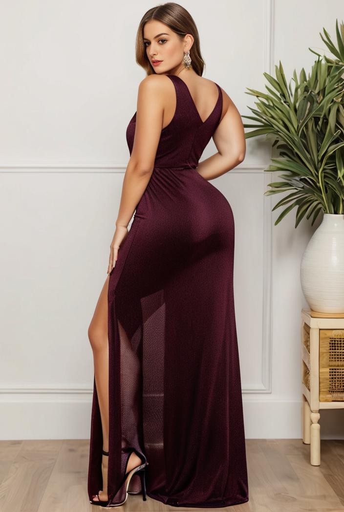 plus size shiny v neck side slit formal evening dress 120201