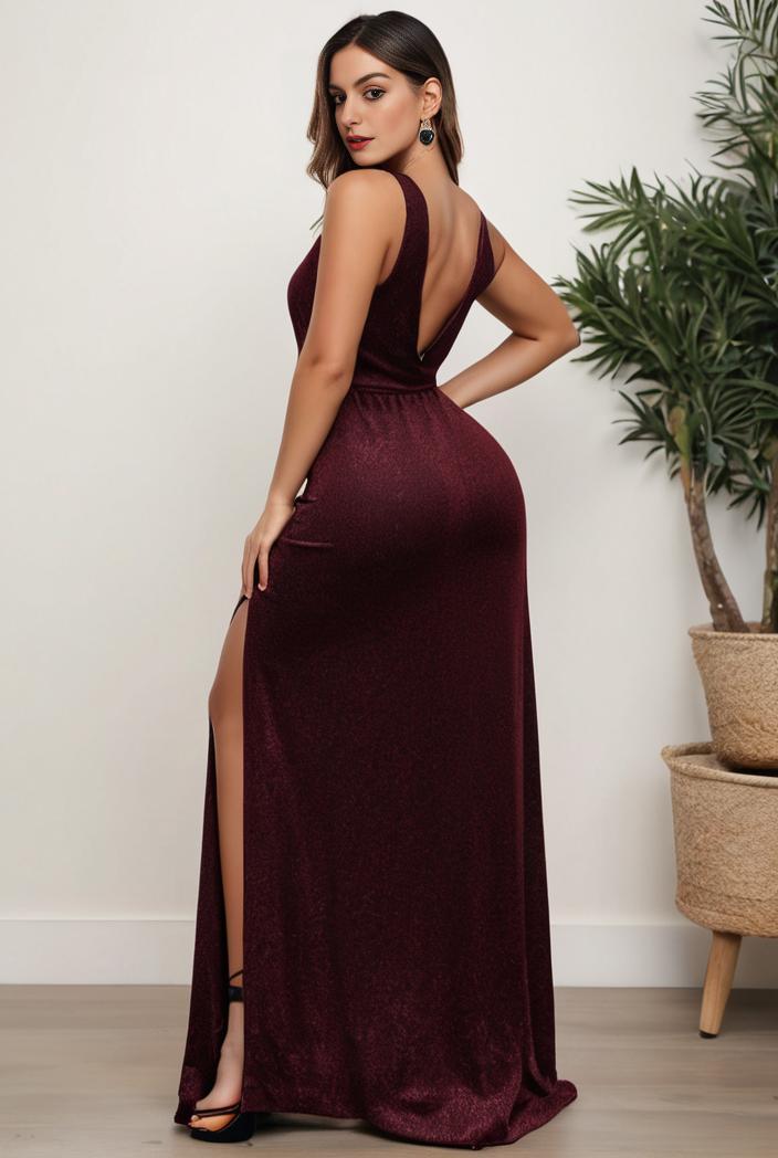 plus size shiny v neck side slit formal evening dress 120205