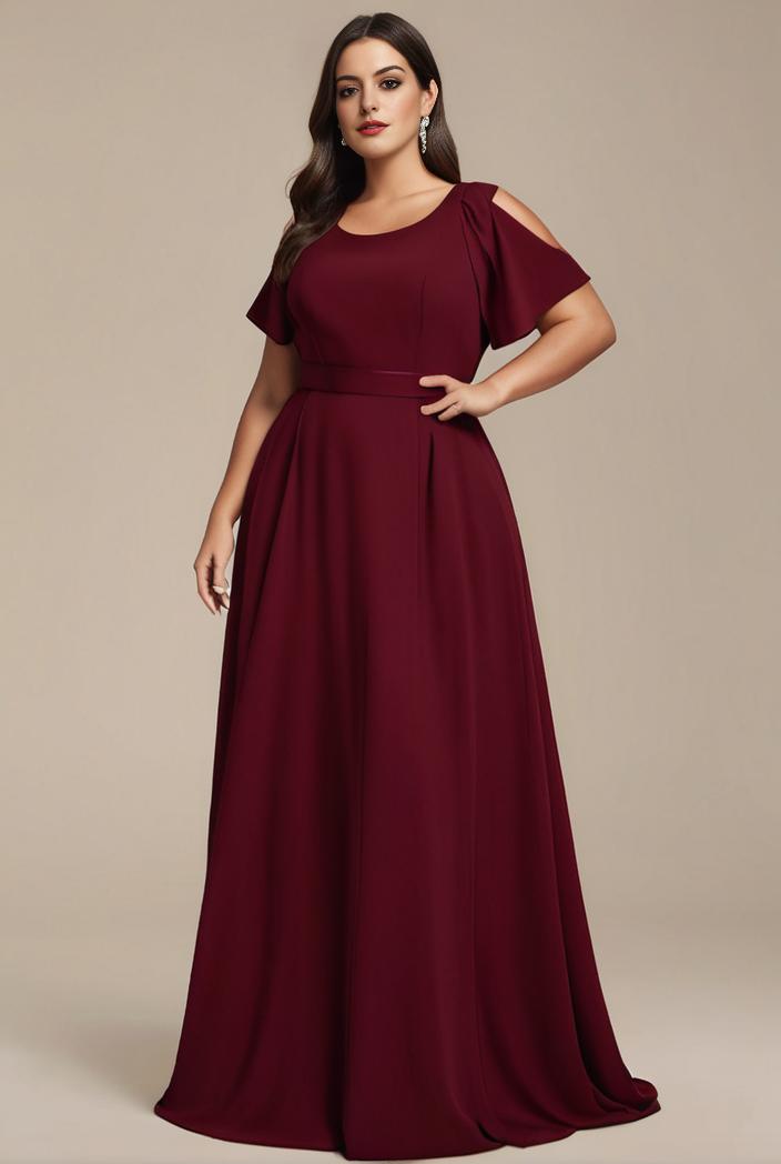plus size simple chiffon pleated a line round neckline bridesmaid dress 120470