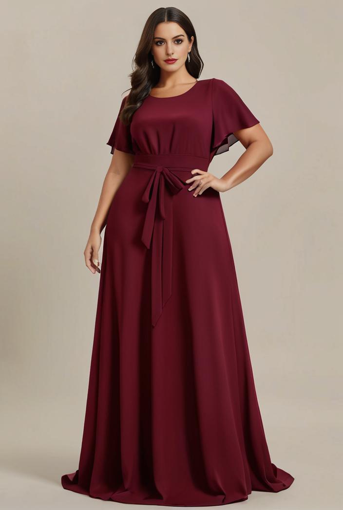 plus size simple chiffon pleated a line round neckline bridesmaid dress 120473