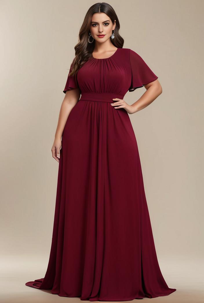 plus size simple chiffon pleated a line round neckline bridesmaid dress 120474