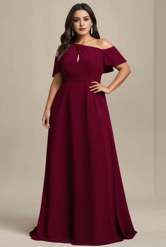 plus size simple chiffon pleated a line round neckline bridesmaid dress 120475