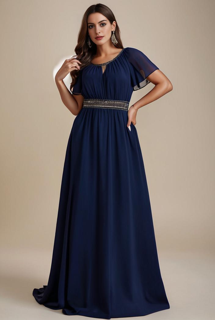 plus size simple chiffon pleated a line round neckline bridesmaid dress 120485