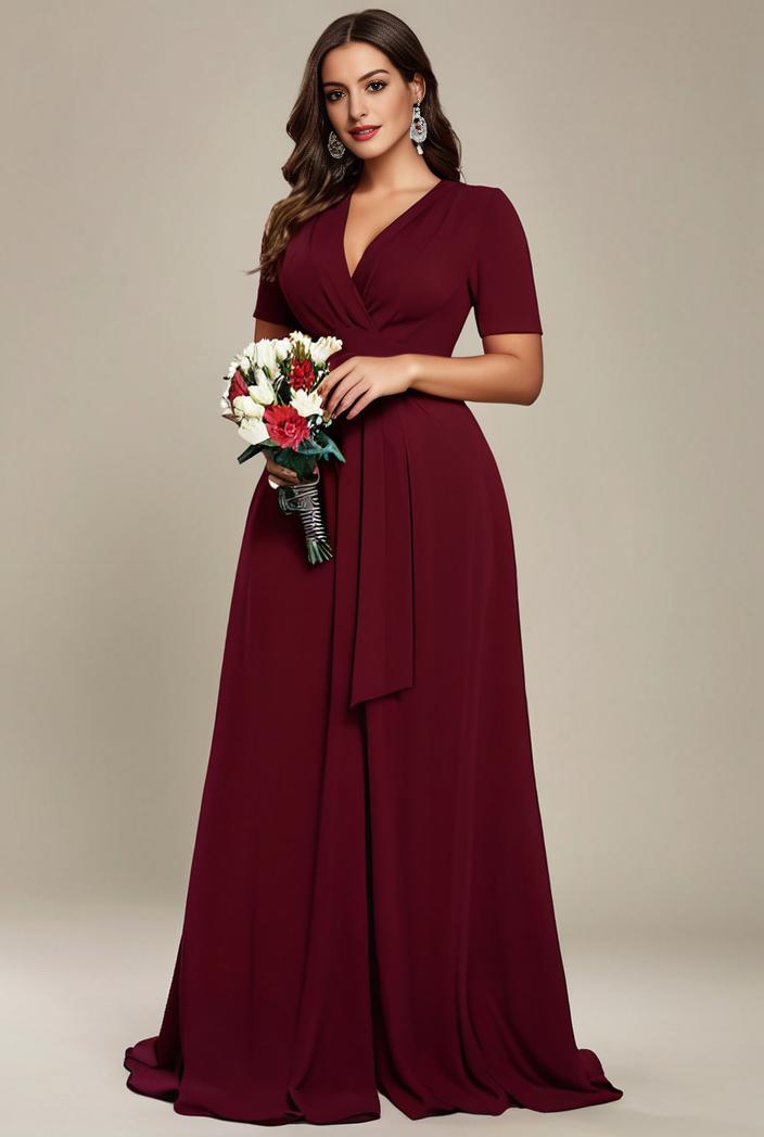 plus size simple chiffon pleated a line round neckline bridesmaid dress 120490
