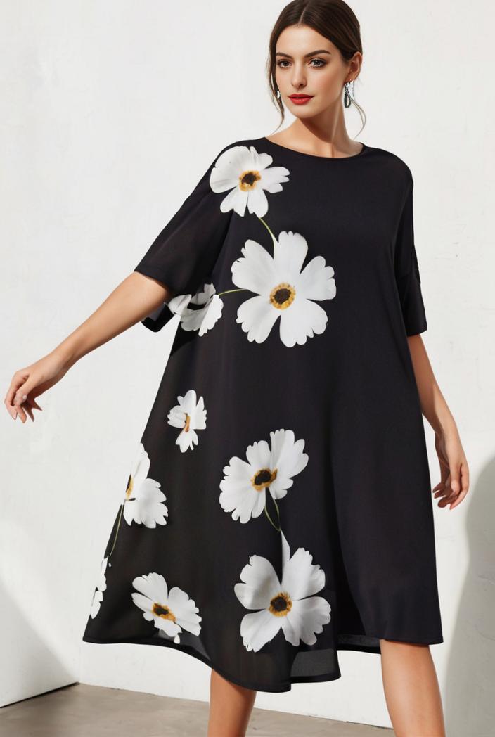 size curve dresses plus size loose elegant floral pattern stitching midi dress 124021