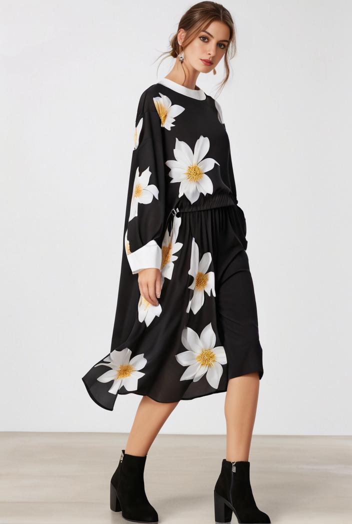 size curve dresses plus size loose elegant floral pattern stitching midi dress 124044