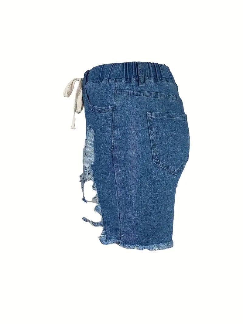 Stretchy Elastic Waist Denim Shorts with Ripped Distressed Details for Women